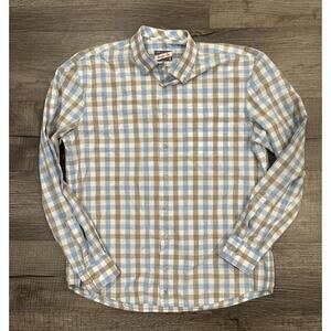Johnnie-O Hangin’ Out Men’s Medium Button Down Plaid Shirt Blue Tan